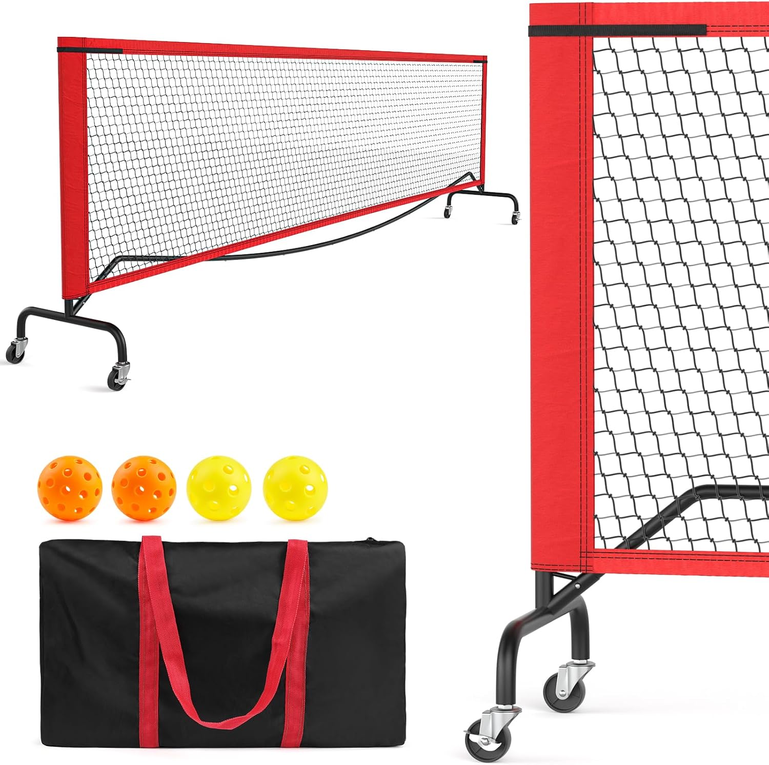 Portable Pickleball Net with Wheels, 22 FT Regulation Size/11 FT Half Court, Weather Resistant Metal Frame and Strong PE Net with Carry Bag and Pickleballs, for Driveway Garages - Black Red